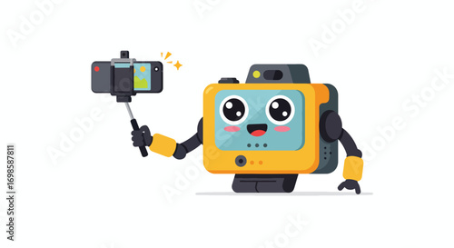 Cartoon robot holding a selfie stick with a smartphone