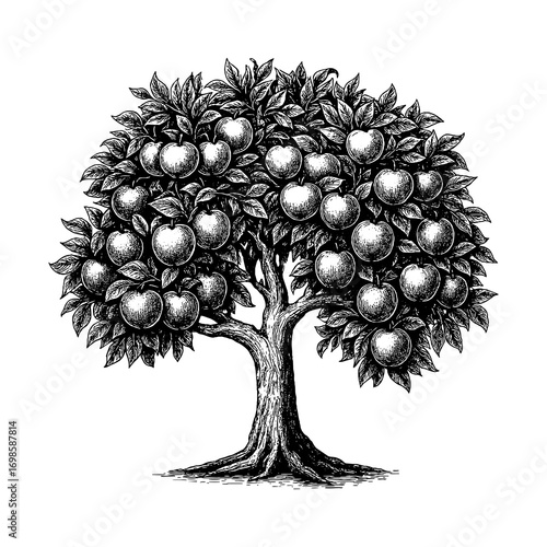 The Tree of Knowledge of Good and Evil with apple fruits, depicted in a symbolic biblical style.
