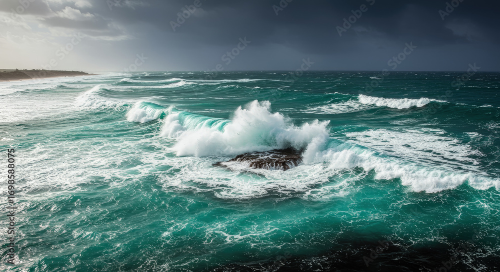 Fototapeta premium Rough ocean waves crashing rocky shore