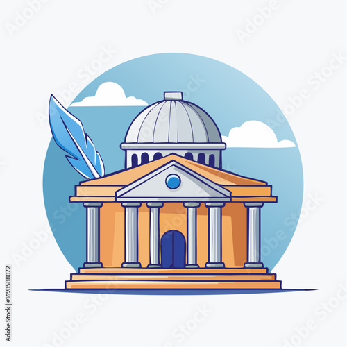 Cartoon illustration of a stately building with a prominent dome and symbolic feather design