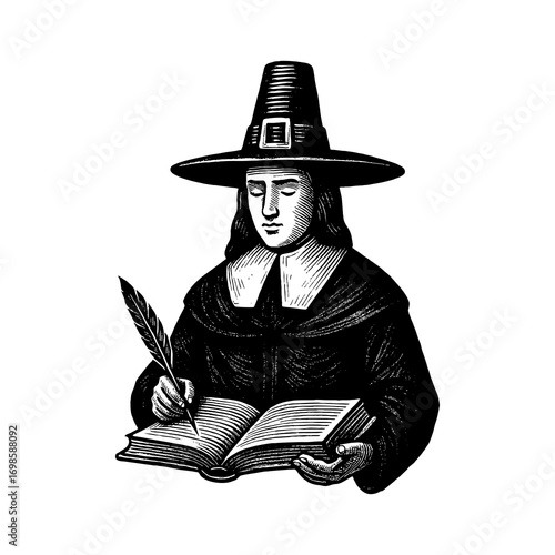 A Puritan deeply studying the Holy Scripture by candlelight, reflecting devotion and faith