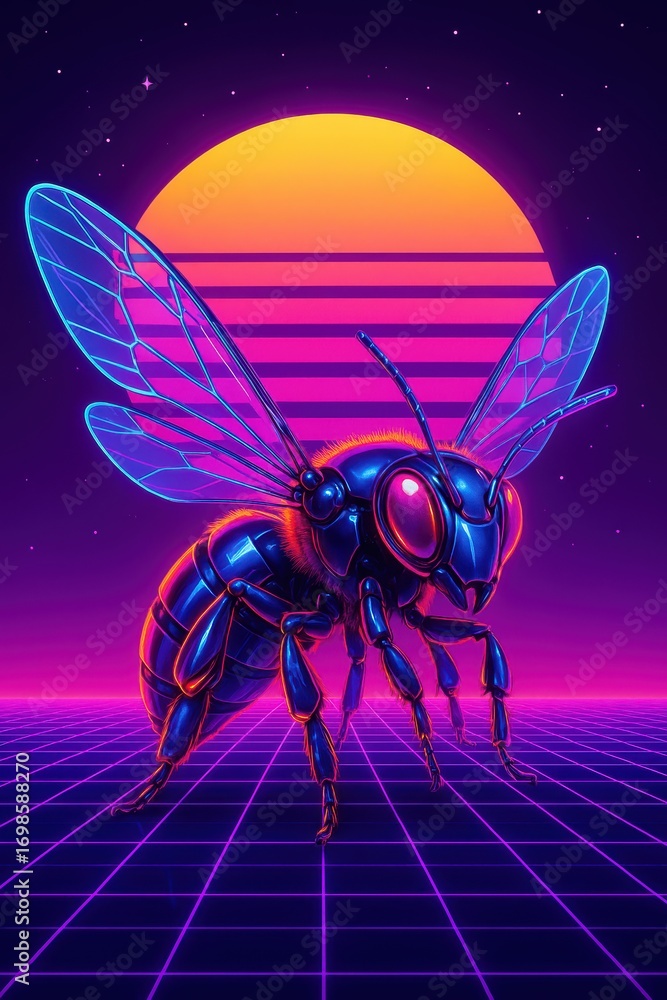 Naklejka premium synthwave bee with retro sunset