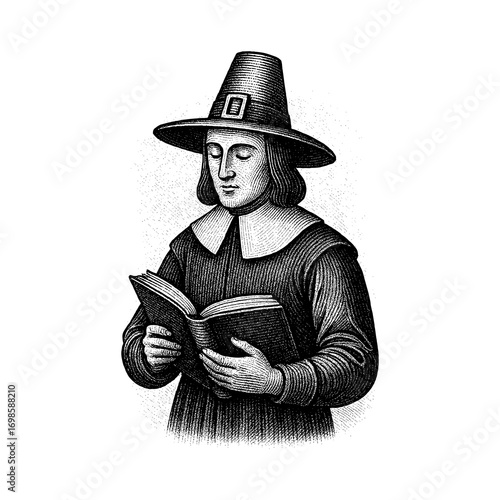 A Puritan deeply studying the Holy Scripture by candlelight, reflecting devotion and faith