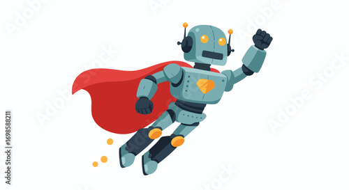 A blue robot superhero with a red cape flying