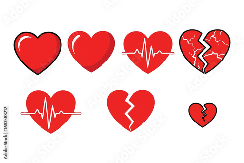 Red heart icons representing health, love, and broken heart on white background vector illustration