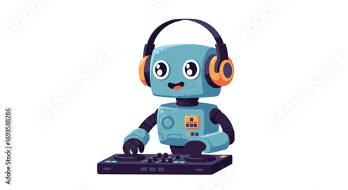 A cartoon robot wearing headphones DJs on a mixer