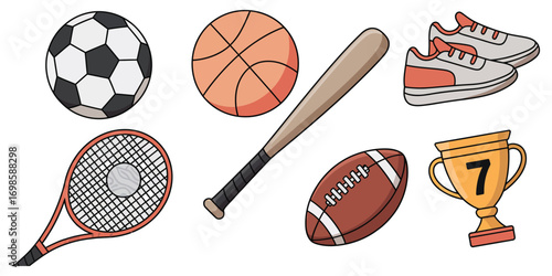 Cartoon Sports Equipment Clipart,  Vector Illustration of Soccer Ball, Basketball, Baseball Bat, Tennis Racket, Football, Shoes, and Trophy for Kids and Fun Design