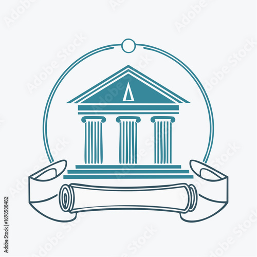 Classic architecture with scroll emblem representing history and enduring knowledge concept
