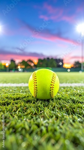 Close-up of softball on field at dusk