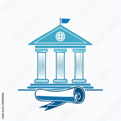 Classical building icon with scroll symbolizing law, academia, or governmental structure