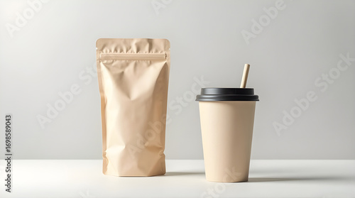 Brown paper bag and coffee cup with straw on a white surface