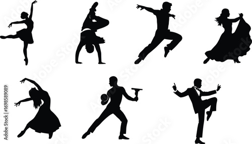 Black silhouette dancers and performers in various dynamic poses including ballet, breakdance, flamenco, and theatrical dance vector art