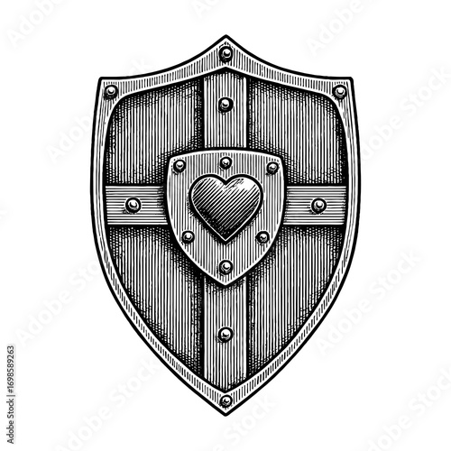 A shield with a heart and Christian cross, symbolizing faith in Jesus Christ and the love of God
