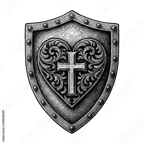 A shield with a heart and Christian cross, symbolizing faith in Jesus Christ and the love of God