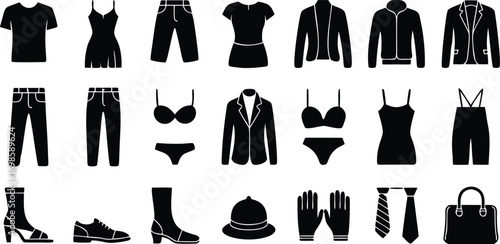 Collection of various black clothing items isolated on white background, including shirts, pants, dresses, lingerie, jackets, shoes, and accessories 