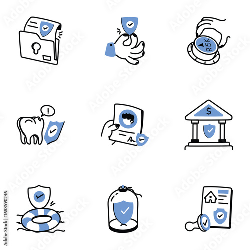 Hand Drawn Style Set of Insurance and Document Protection Icons