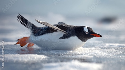 a seabird, resembling a penguin, is captured in mid flight over icy water, with its feet trailing behind it, leaving a spray of water droplets
