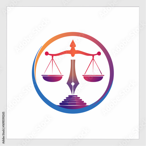 Conceptual law firm emblem featuring scales of justice and writing instrument synergy