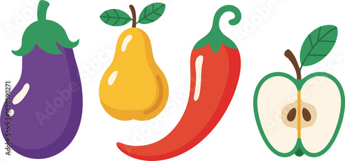 An icon of a set of fresh, ripe, and healthy red and green chili peppers and other organic vegetables on a white background