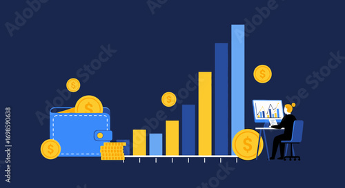 Financial growth depicted with a rising bar graph, a wallet, and a person working on a computer.