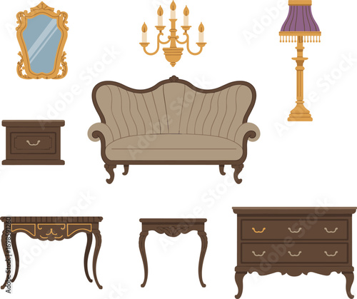 Vintage ornate furniture and home decor set with gold accents, chandelier, sofa, mirror, desk, dresser, lamp, elegant antique interior design