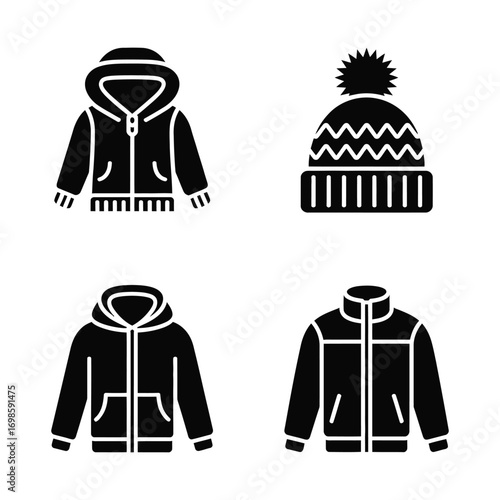 Set of black winter clothes icons including beanie and two hooded jackets