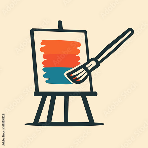Colorful abstract painting on easel with paintbrush and copy space