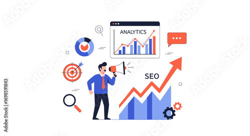 Businessman announces SEO success,  analytics data shows upward trend.