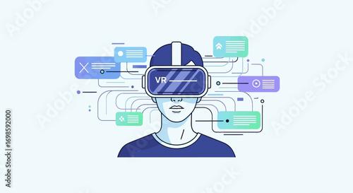 Person wearing a VR headset surrounded by digital interface elements, representing virtual reality and technology.