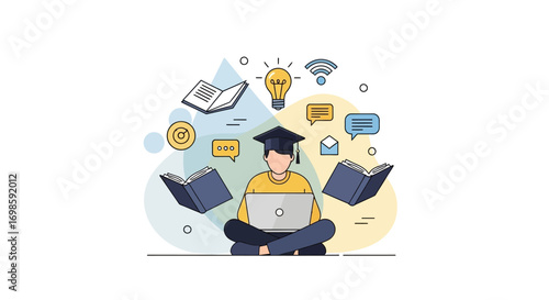 Student engrossed in learning, surrounded by educational resources and technology.