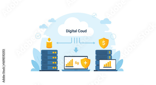 Secure data transfer and storage in the digital cloud, illustrated with servers, laptops, and security shields.