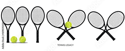 Crossed Tennis Rackets with Ball,  Vector Illustration of Sports Equipment Isolated on White Background for Tennis Logo, Tournament, Competition, and Training Design
