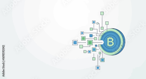 Abstract digital illustration of a Bitcoin symbol connected to a network of circuit lines.