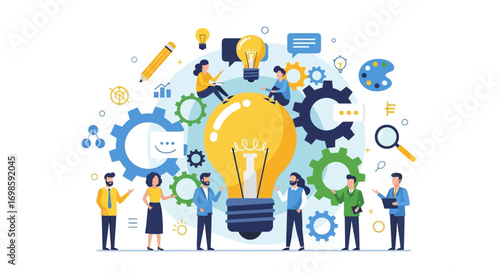 Team brainstorming innovative ideas around a large lightbulb, collaborating on creative solutions and projects.