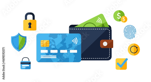 Digital wallet security, showing credit card, money, and security symbols.