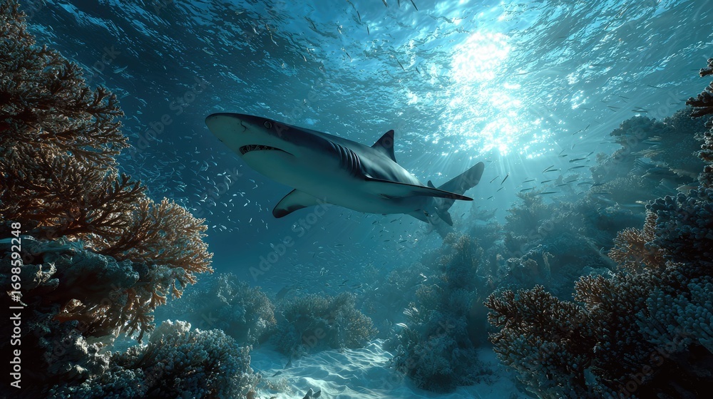 Obraz premium an underwater scene with a shark swimming near coral. the environment has clear visibility of the marine life, with sunlight filtering through the water's surface and casting shadows on the bottom