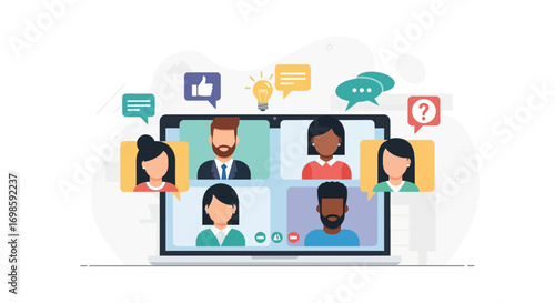 Diverse group of people in a video conference, surrounded by communication icons.