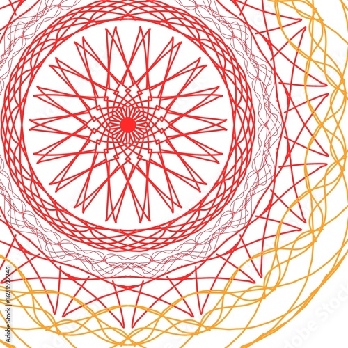 A modern and versatile spirograph geometric pattern in red and orange, layered in complex circles.