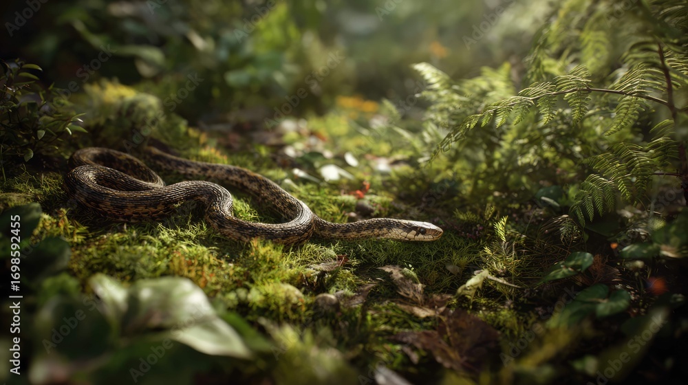 Obraz premium a serene forest scene, dominated by a large snake coiled amidst lush green foliage. the creature's scales are highly detailed, with subtle shades that add to the realism of the image