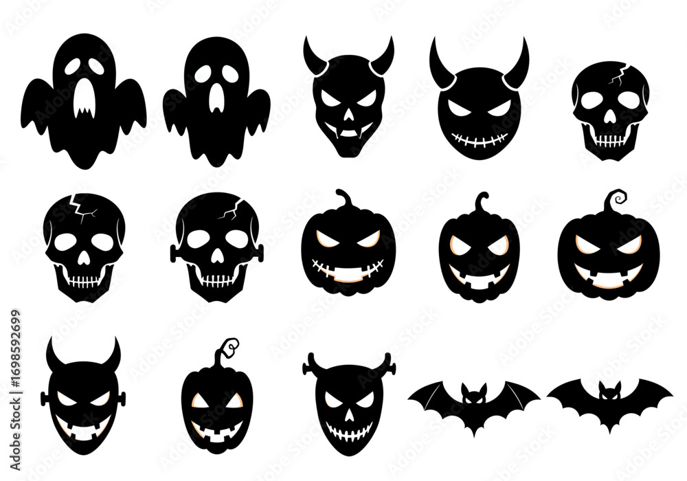 Fototapeta premium Halloween Scary Icons Set – Ghost, Skull, Pumpkin, Bat, and Monster Faces