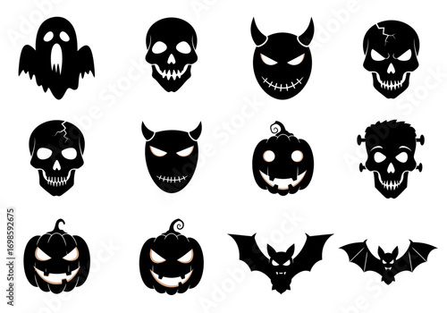 Halloween Scary Icons Set – Ghost, Skull, Pumpkin, Bat, and Monster Faces