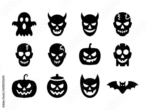 Halloween Scary Icons Set – Ghost, Skull, Pumpkin, Bat, and Monster Faces