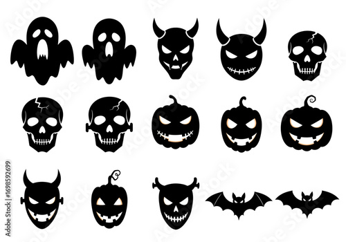 Halloween Scary Icons Set – Ghost, Skull, Pumpkin, Bat, and Monster Faces