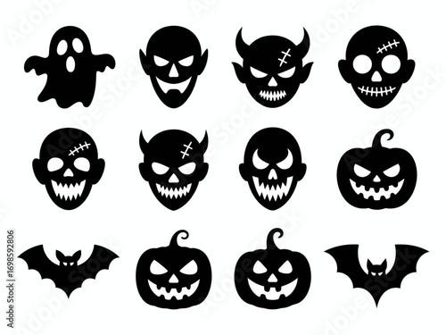 Halloween Scary Icons Set – Ghost, Skull, Pumpkin, Bat, and Monster Faces