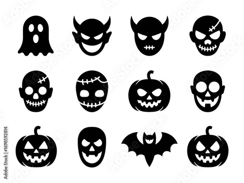 Halloween Scary Icons Set – Ghost, Skull, Pumpkin, Bat, and Monster Faces