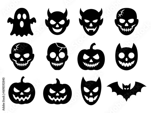 Halloween Scary Icons Set – Ghost, Skull, Pumpkin, Bat, and Monster Faces