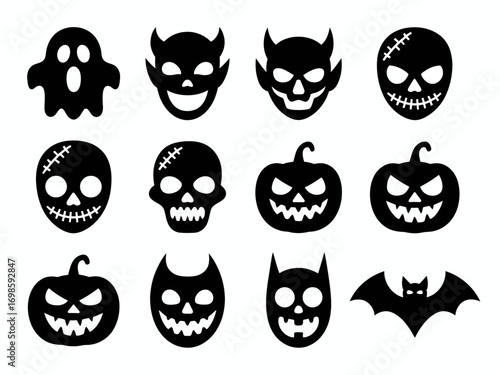 Halloween Scary Icons Set – Ghost, Skull, Pumpkin, Bat, and Monster Faces