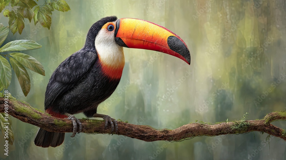 Obraz premium a vibrant toucan perched on a tree branch. the bird is adorned with a red beak and black feathers, contrasting against the lush green foliage in the background