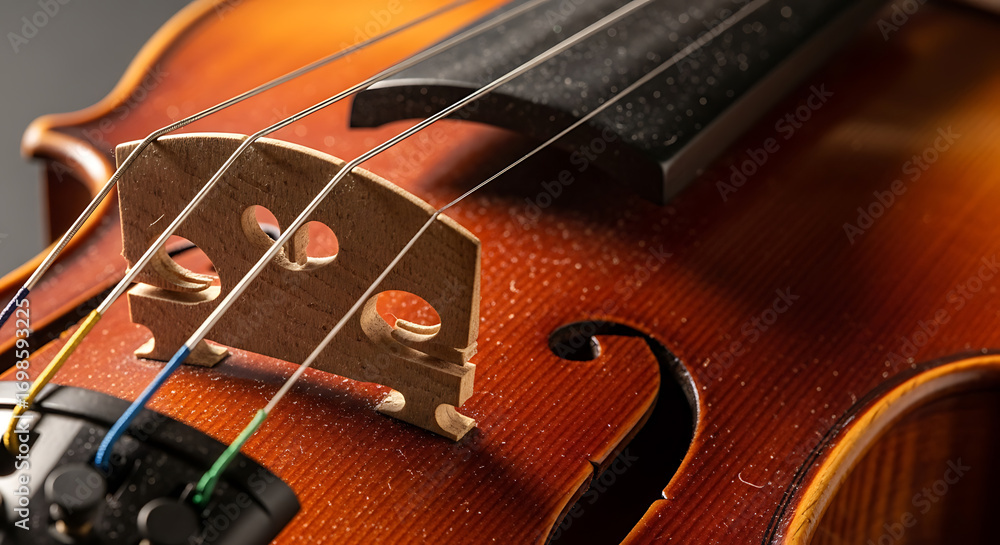 Fototapeta premium Close-up of Violin Bridge and Strings: Warm, Rich Tones, Detailed Texture, Classical Music Instrument