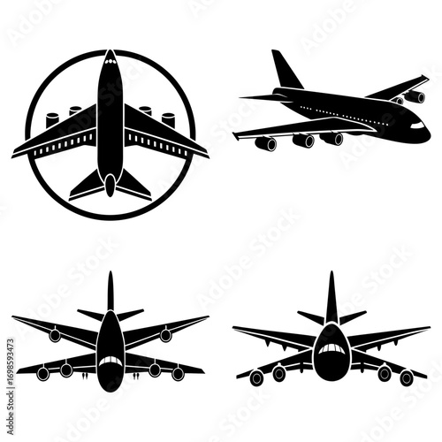 Four airplane silhouettes in various views including side front and top with a circle outline design